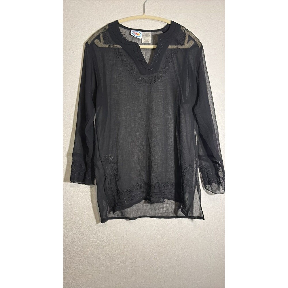 Sand N Sun Black Sheer Embroidered Tunic Beach Cover-Up M